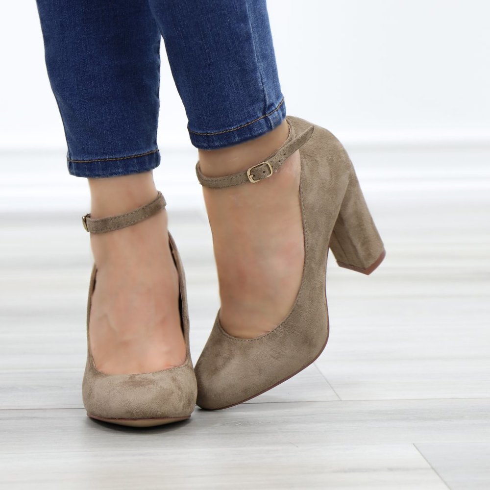 Taupe Ankle Strap Vintage Style Block Heels - Picture 7 of 14